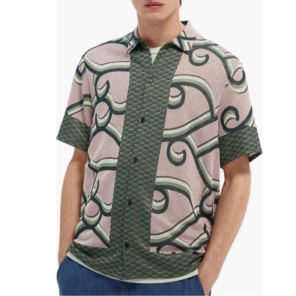 Scotch & Soda Jacquard Knit Button Up Lightweight Green Shirt Size Small - Picture 1 of 8